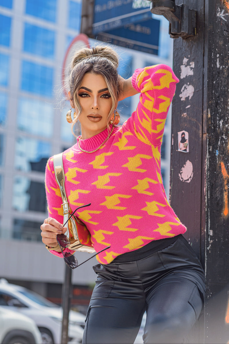 Blusa Feminina Manga Longa Pied Poule Gola Redonda